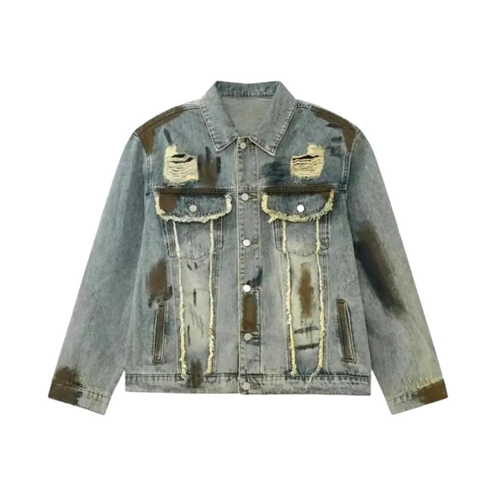 Distressed Design Extra-large Men's Jeans Jacket - Light Blue