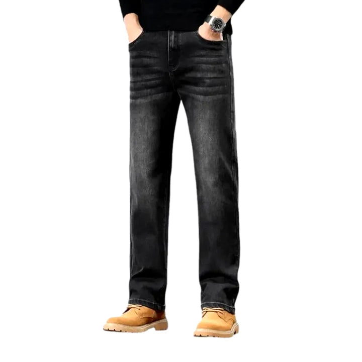 Whiskered and Straight Fit Men's Jeans - Black