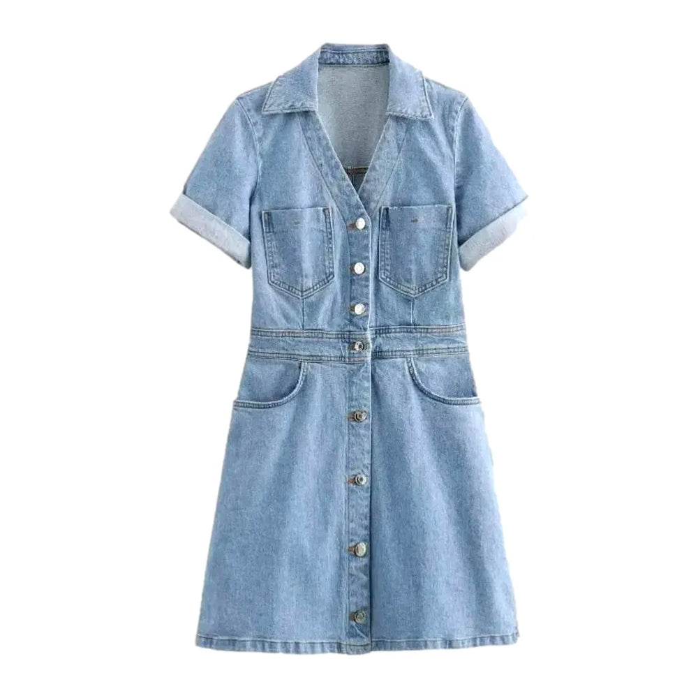 Casual Mini Denim Dress - Light Blue