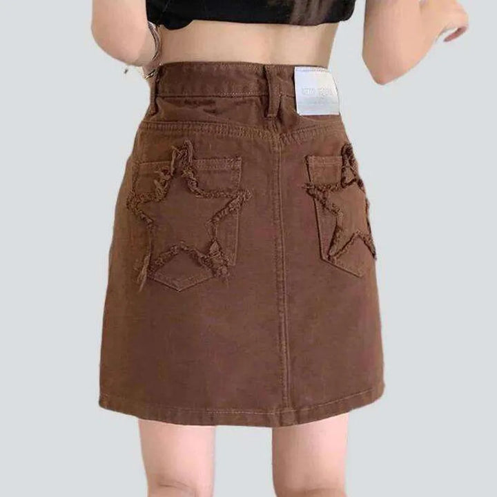 Star embroidery brown denim skirt