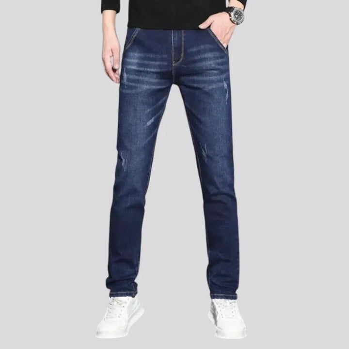 Fitted casual dark distressed jeans for men