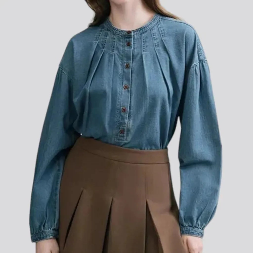 Puffed sleeves stylish jean shirt for women