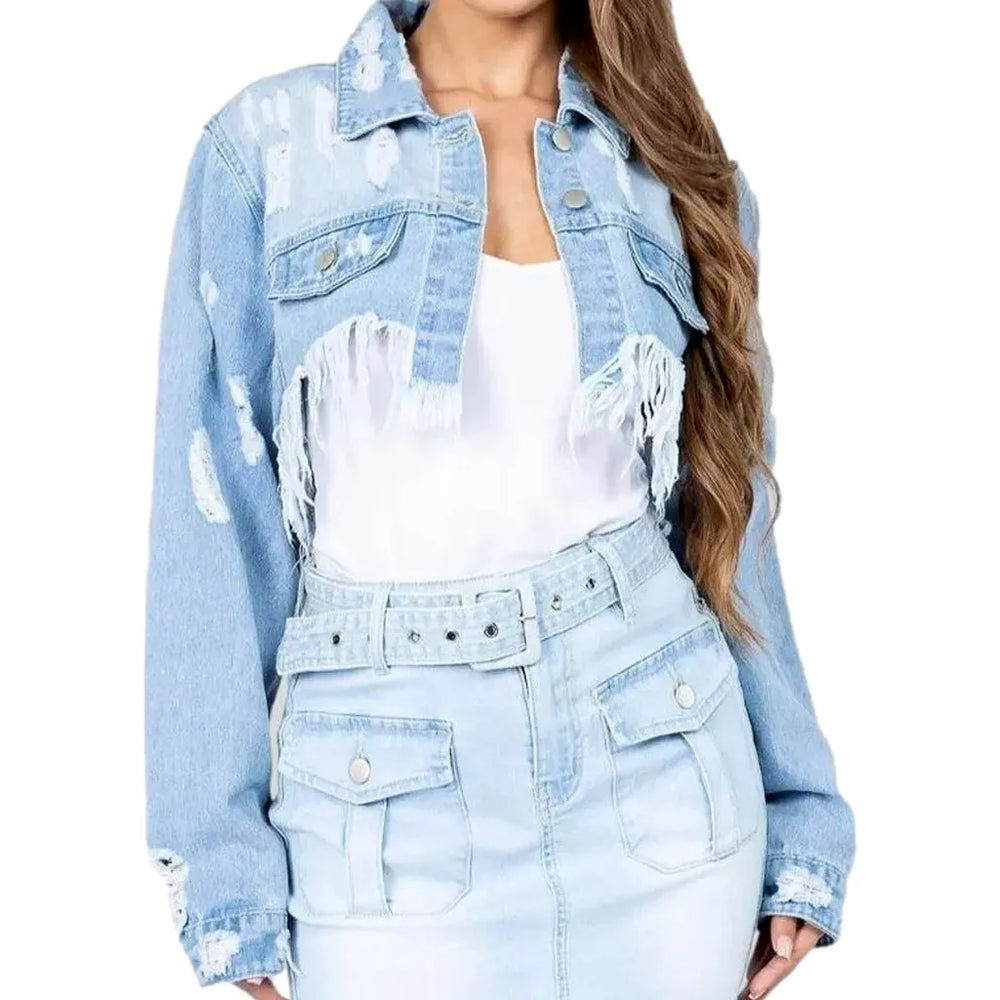 Trendy Light Wash Women's Denim Jacket - Light Blue