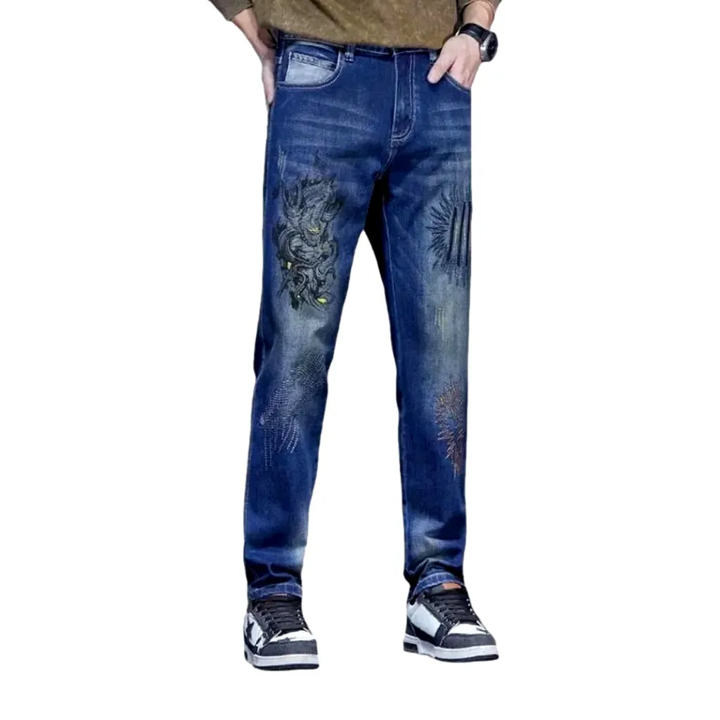 Boho Style Mid Rise Vintage Men's Jeans - Blue