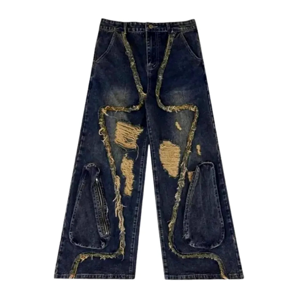 Boho Grunge Distressed Men's Jeans - Blue