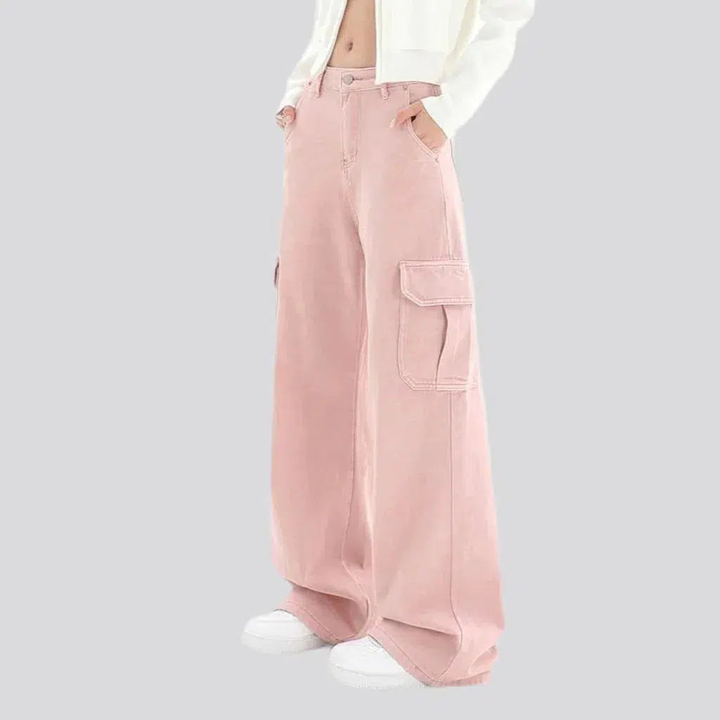 baggy, color, pale pink, floor-length, high-waist, cargo-pocket, zipper-button, women's jeans | Jeans4you.shop