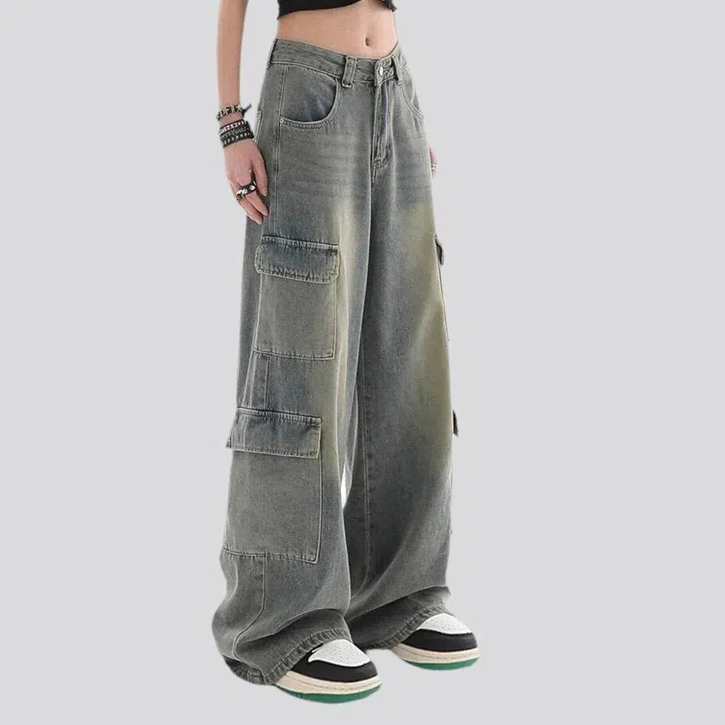 baggy, vintage, sanded, whiskered, floor-length, high-waist, cargo-pocket, zipper-button, women's jeans | Jeans4you.shop