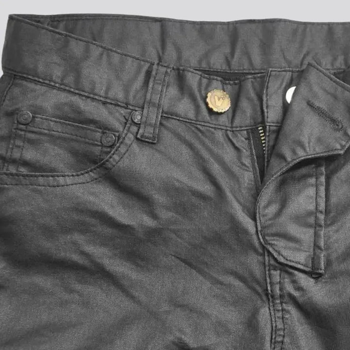 Mid rise coated biker motorcycle men's jean pants