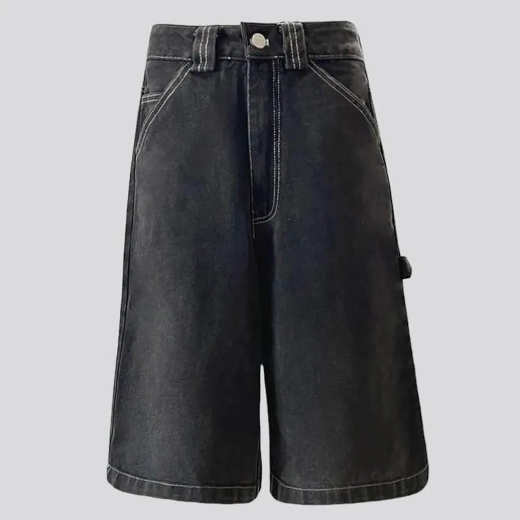 baggy, vintage, knee-length, carpenter-loop, mid-waist, diagonal-pockets, zipper-button, women's shorts | Jeans4you.shop