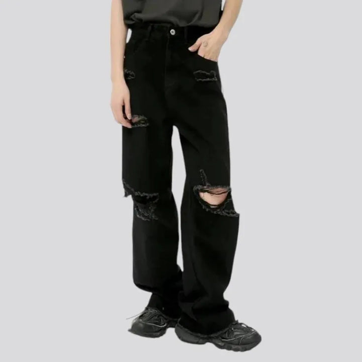 Distressed side-bands men's jeans