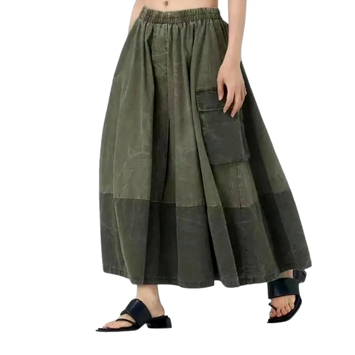 Maxi Length Elastic Fit Jeans Skirt - Khaki