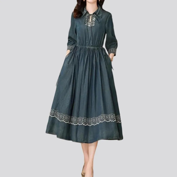 Embroidered long denim dress