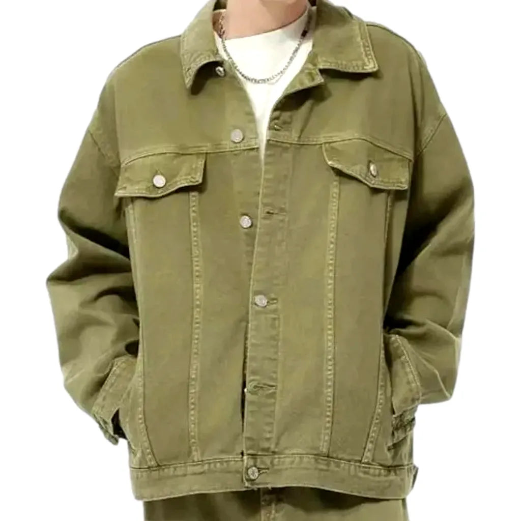 Olive Green Oversized Men's Denim Jacket - Green