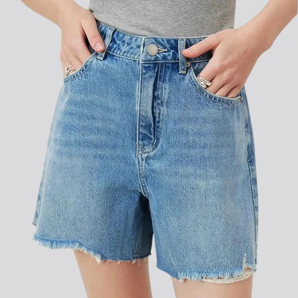 Torn raw hem wide fit women's denim shorts