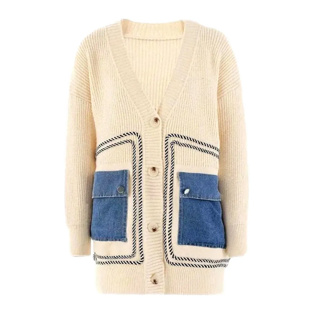 Fashionable Cargo Pockets Jeans Cardigan for Women - Sand