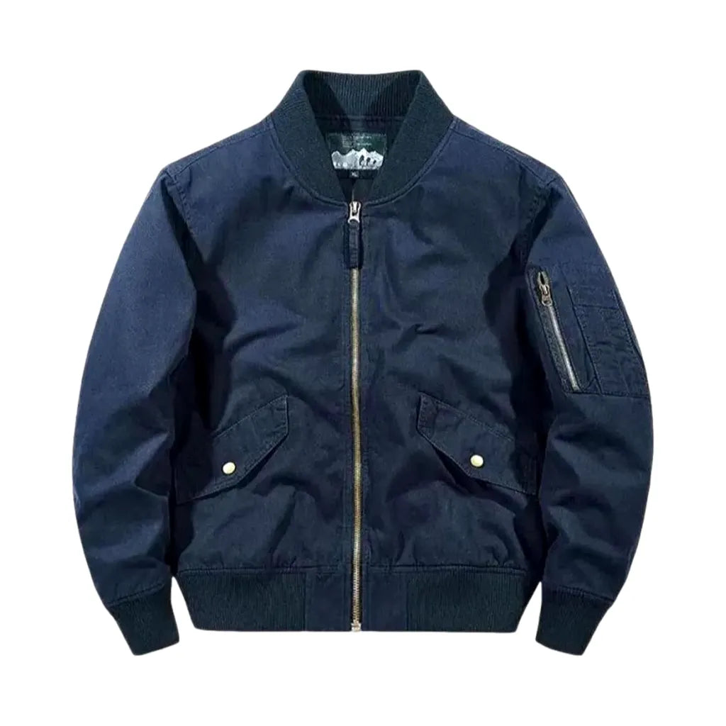 Medium Length Rubber Hem Men's Jean Bomber Jacket - Dark Blue