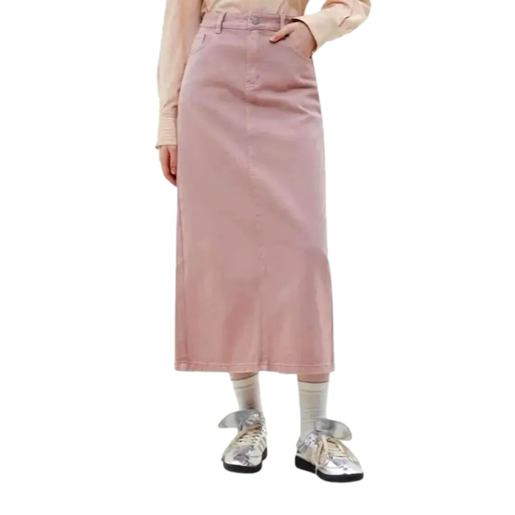 Maxi Length High Waist Jeans Skirt - Pink