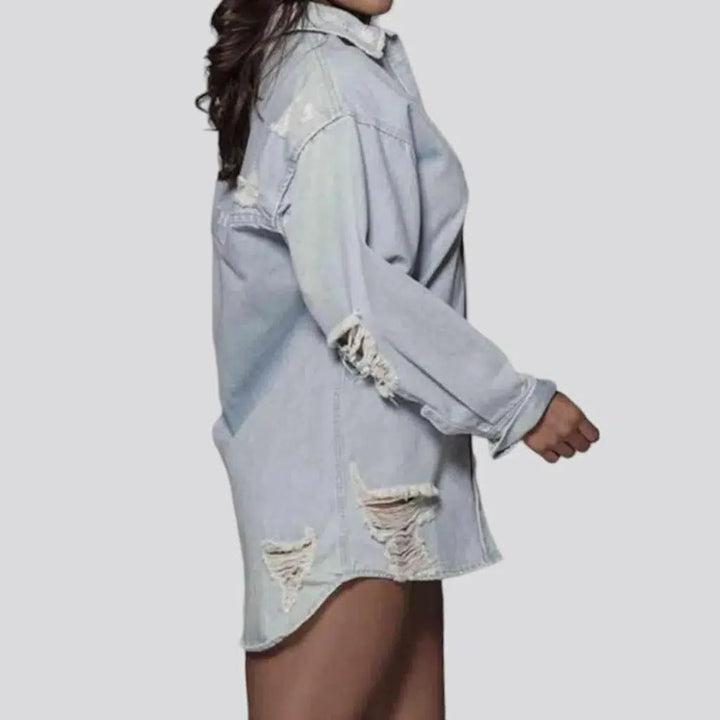 Distressed oversized jean shirt for ladies