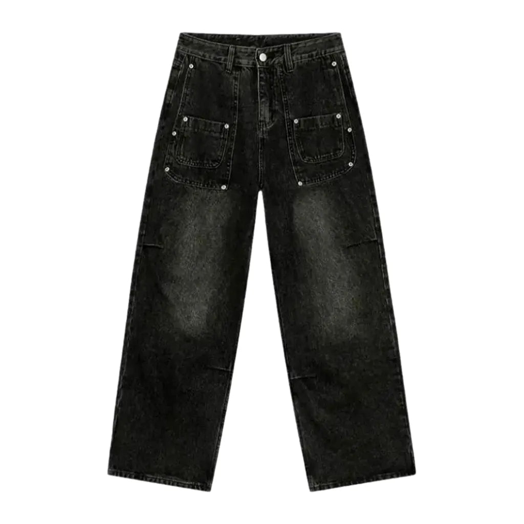 Sanded Boho Style Baggy Men's Jeans - Black