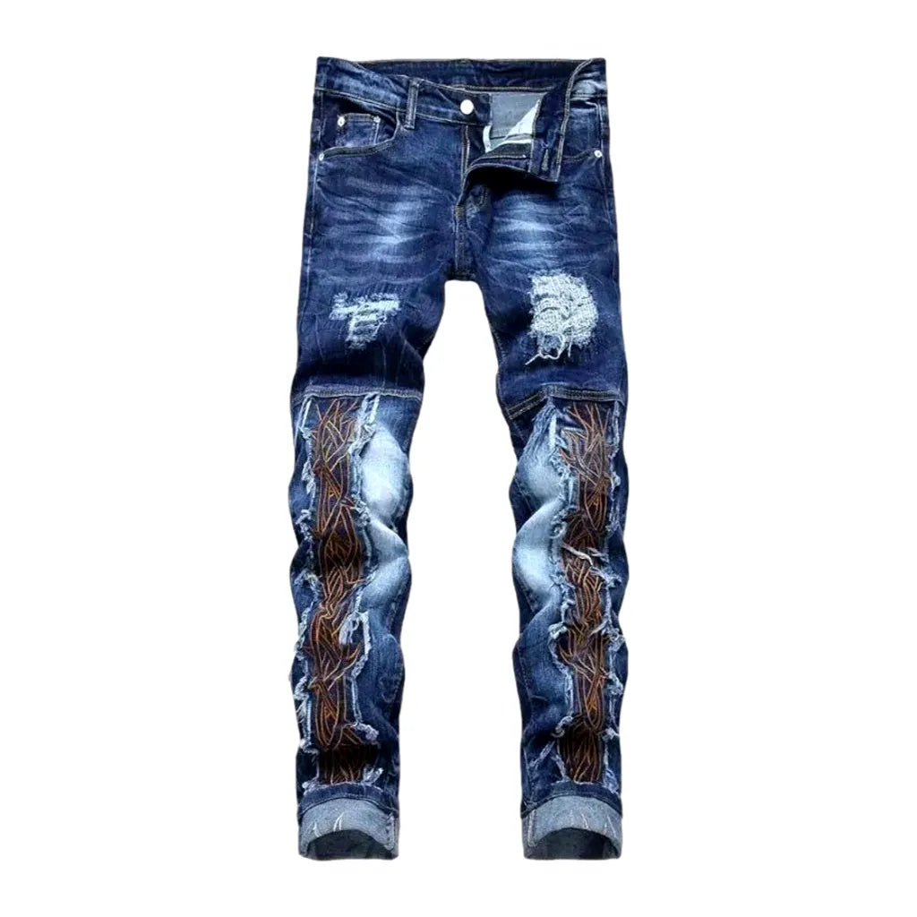 Whiskered Embroidered Distressed Men's Jeans - Blue