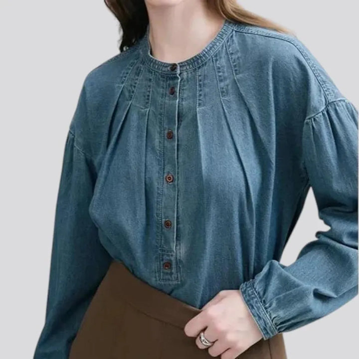 Puffed sleeves stylish jean shirt for women