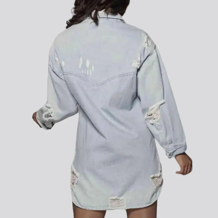 Distressed oversized jean shirt for ladies