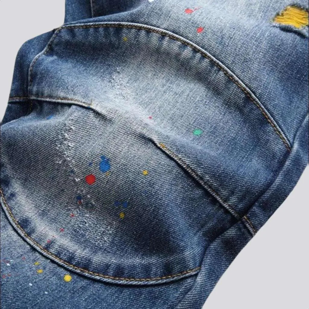 Ripped cat embroidery jeans
 for men