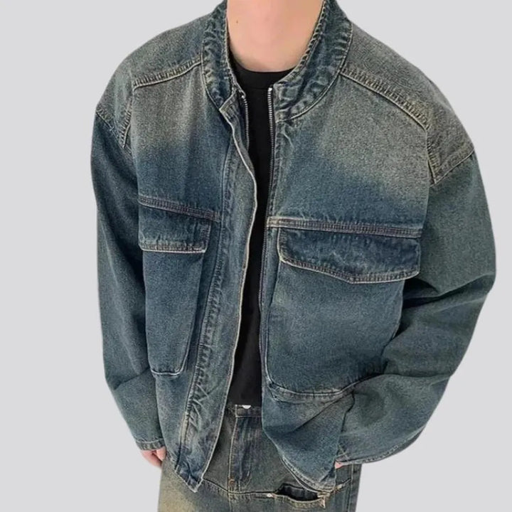 Medium wash grunge street men's denim jacket