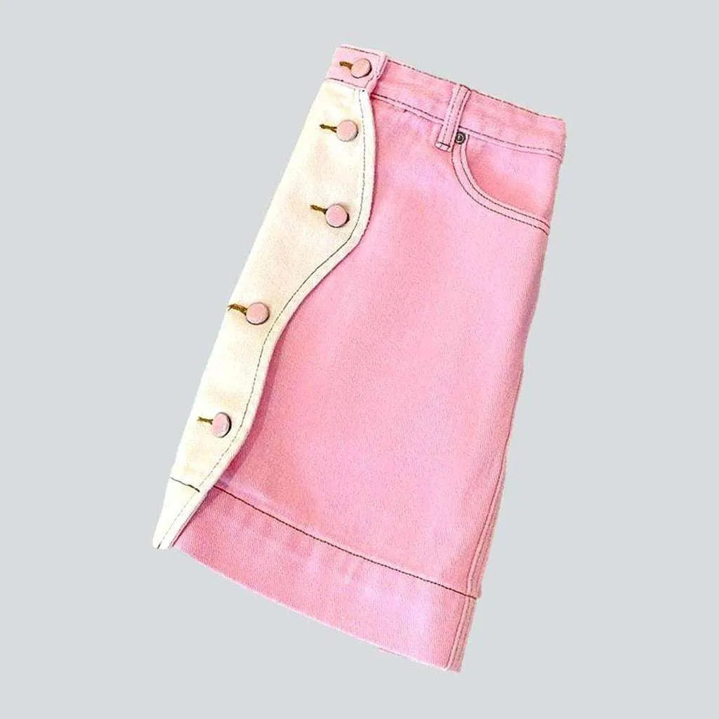 Two-tone patchwork pink denim skirt