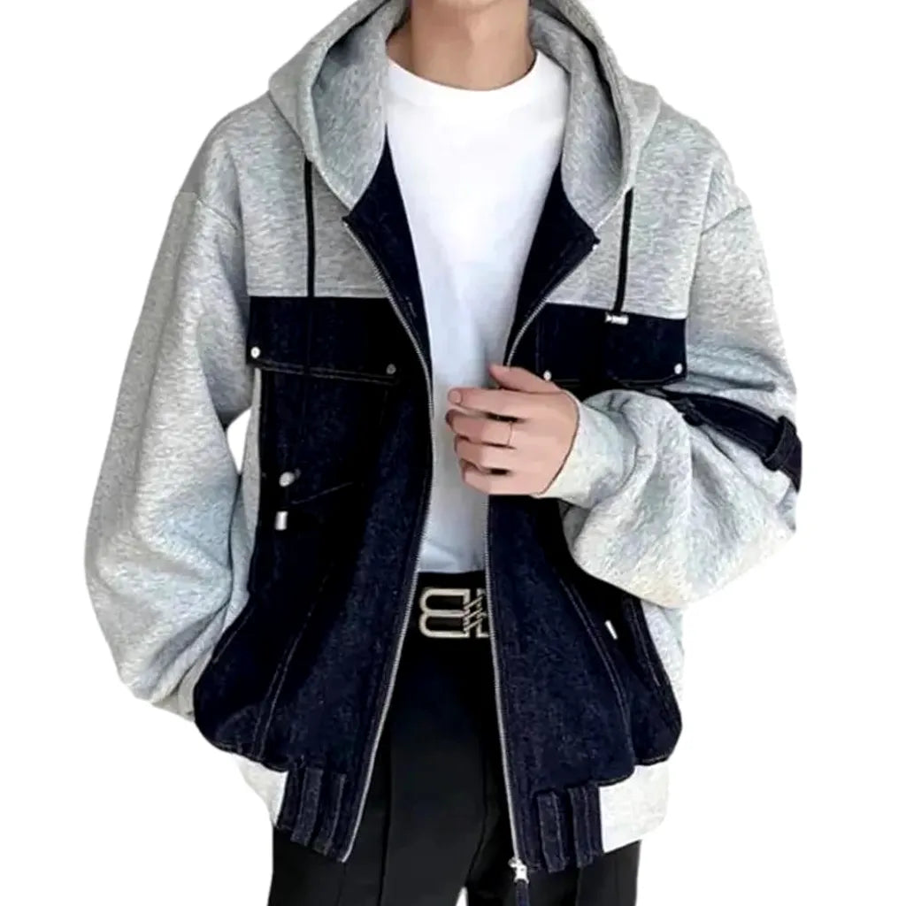 Dark Wash Oversized Men's Denim Bomber Jacket - Grey