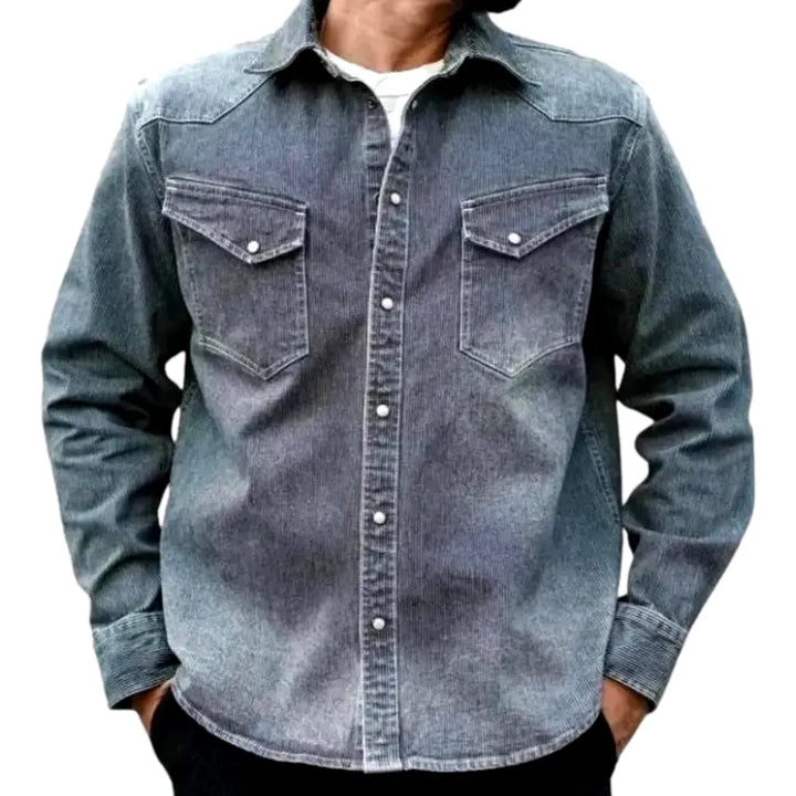 Medium Length Cowboy Style Denim Shirt for Men - Grey