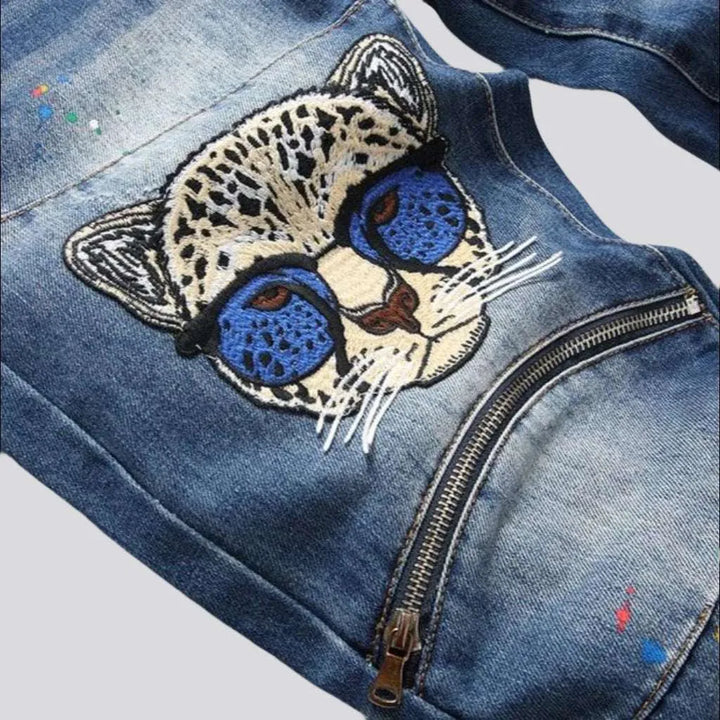 Ripped cat embroidery jeans
 for men