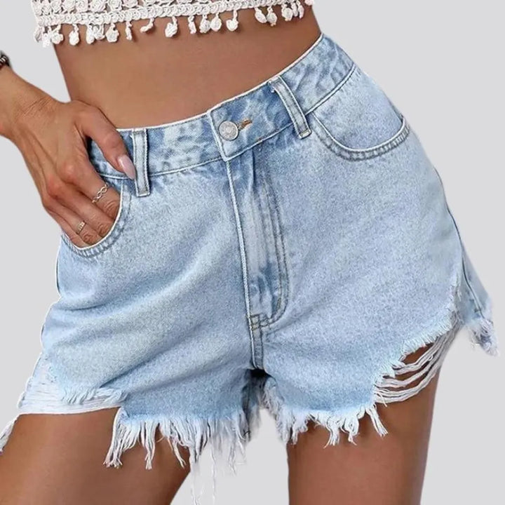 straight, distressed, light-wash, high-waist, frayed-hem, zipper-button, women's shorts | Jeans4you.shop