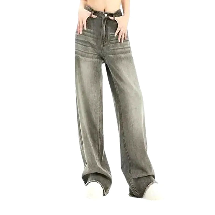 High Rise Baggy Faded Line Jeans for Ladies - Grey