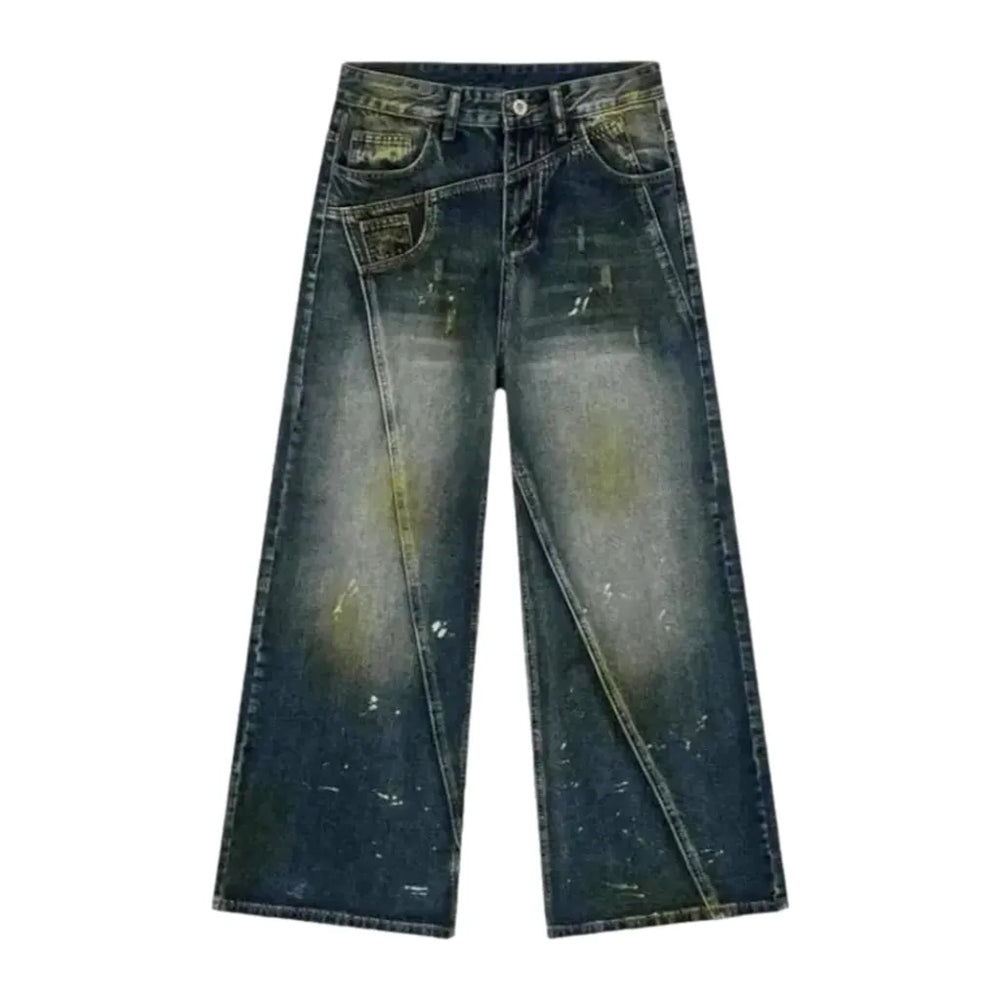 Whiskered Vintage Style Men's Jeans - Blue