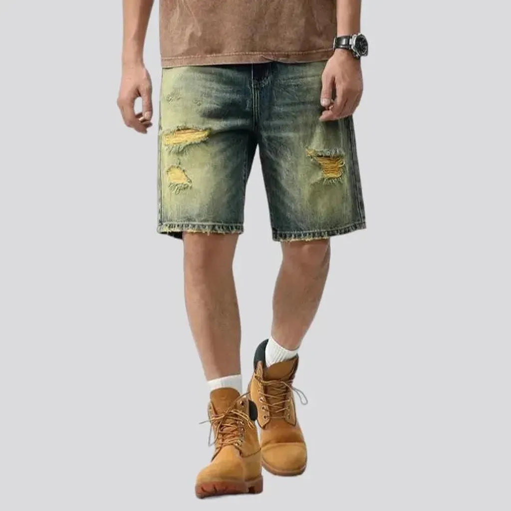 Yellow-cast distressed denim shorts
 for men