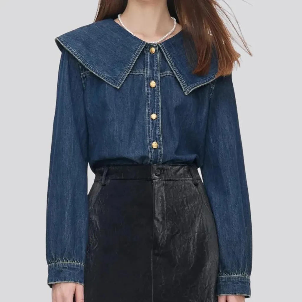 Trendy wide collar oversized women's jeans shirt