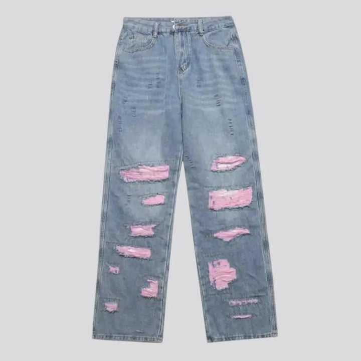 Distressed pink patchwork men's jeans