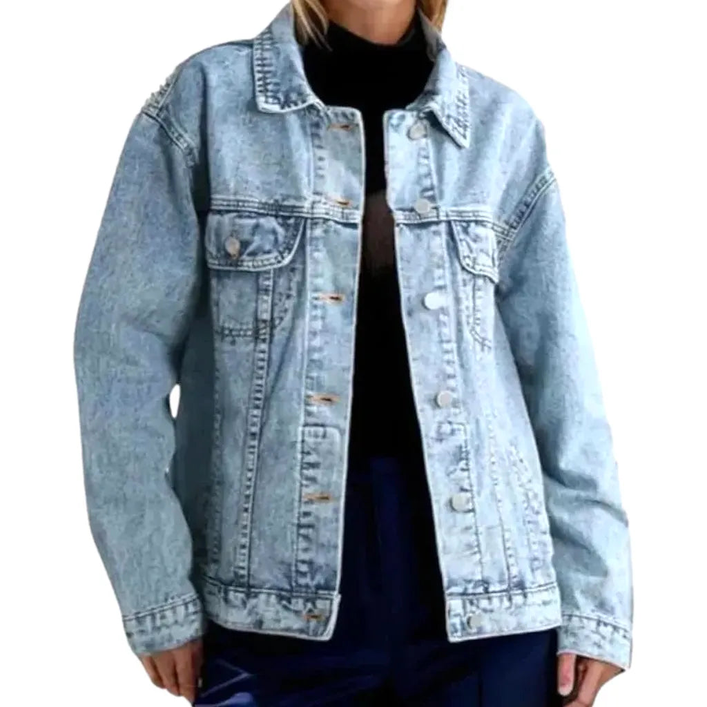 Extra-large Fit Worn-in Women's Jean Jacket - Light Blue