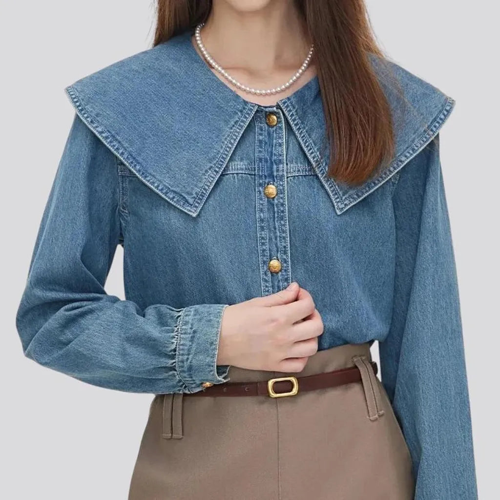 Trendy wide collar oversized women's jeans shirt