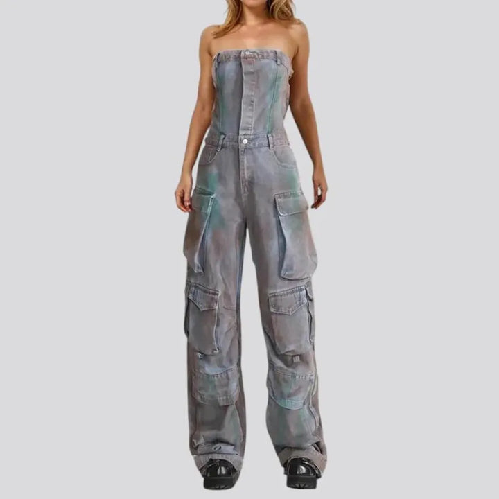 Colorful cargo pockets women's denim jumpsuit