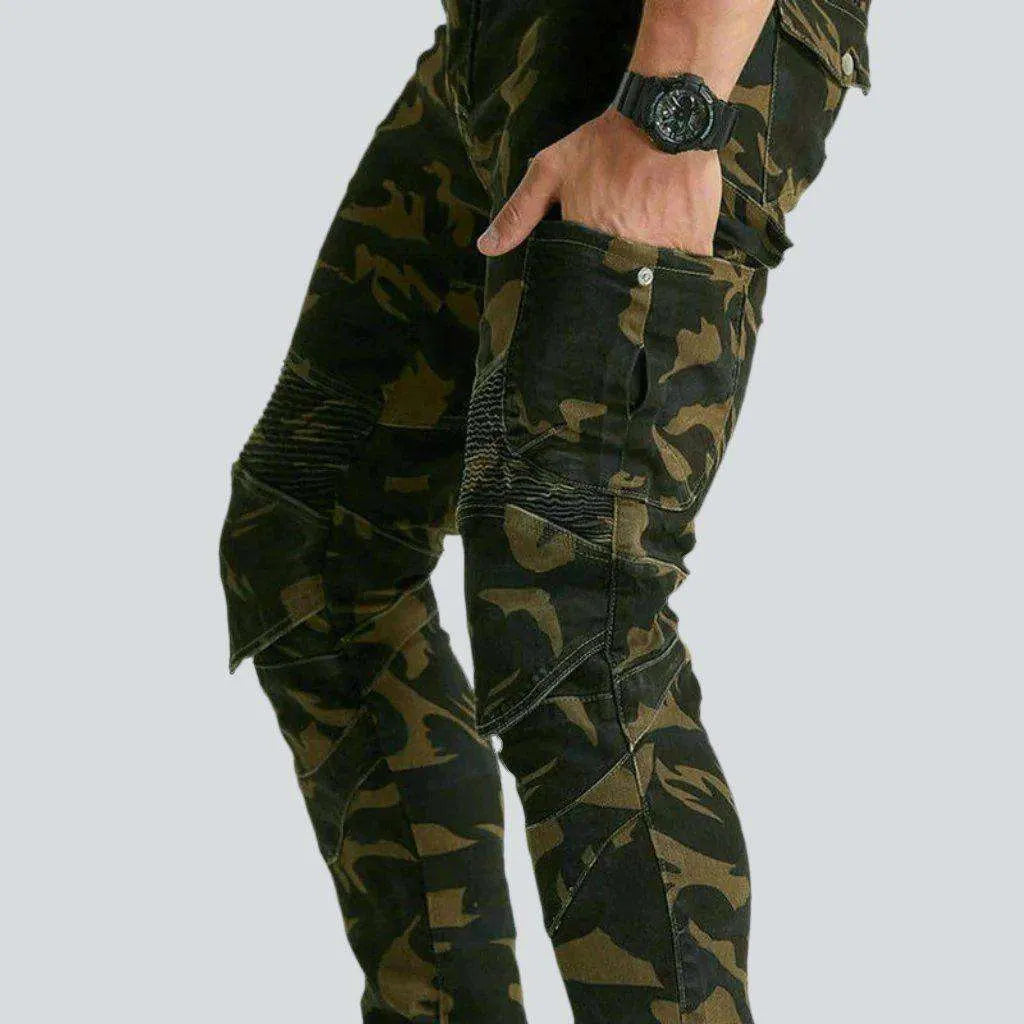 Camouflage print men's moto jeans