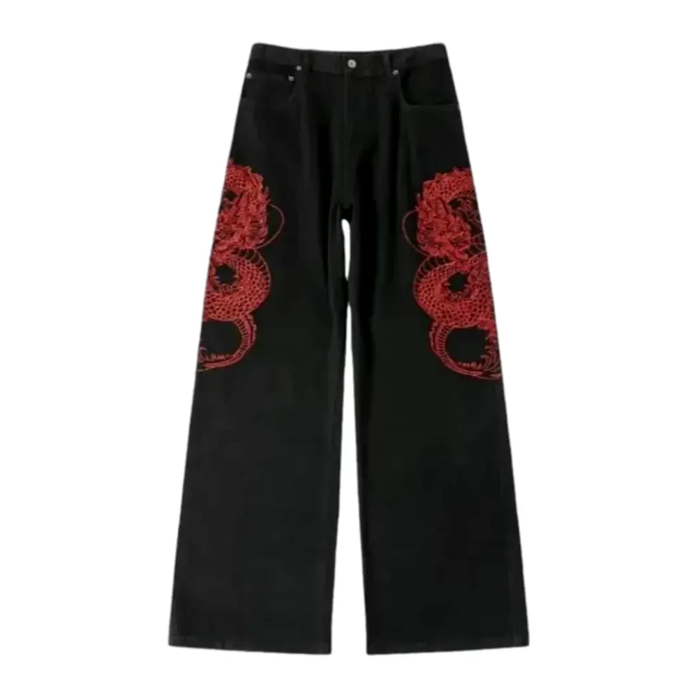 Baggy Fit Embroidered Street Men's Jeans - Black