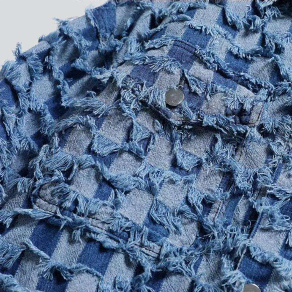 Checkered embroidery patchwork denim jacket