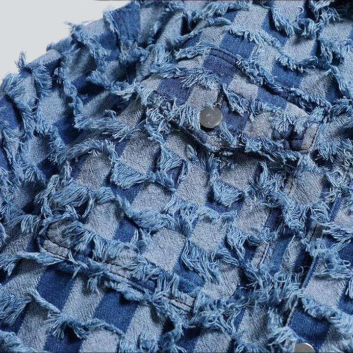 Checkered embroidery patchwork denim jacket