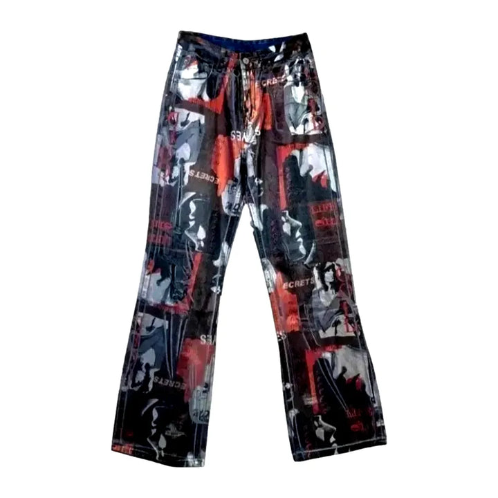 Graphic Print Baggy Women's Jean Pants - Red