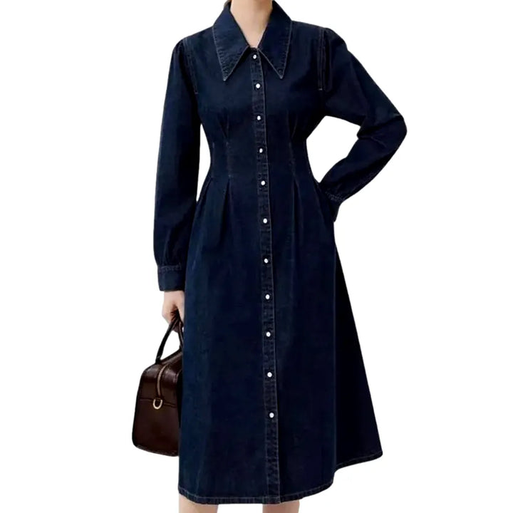 Classic A-line Empire Waist Jean Dress - Dark Blue