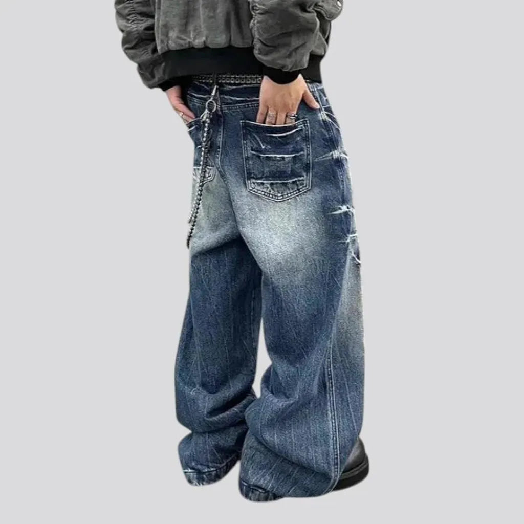 Boho style baggy-leg faded men's jeans