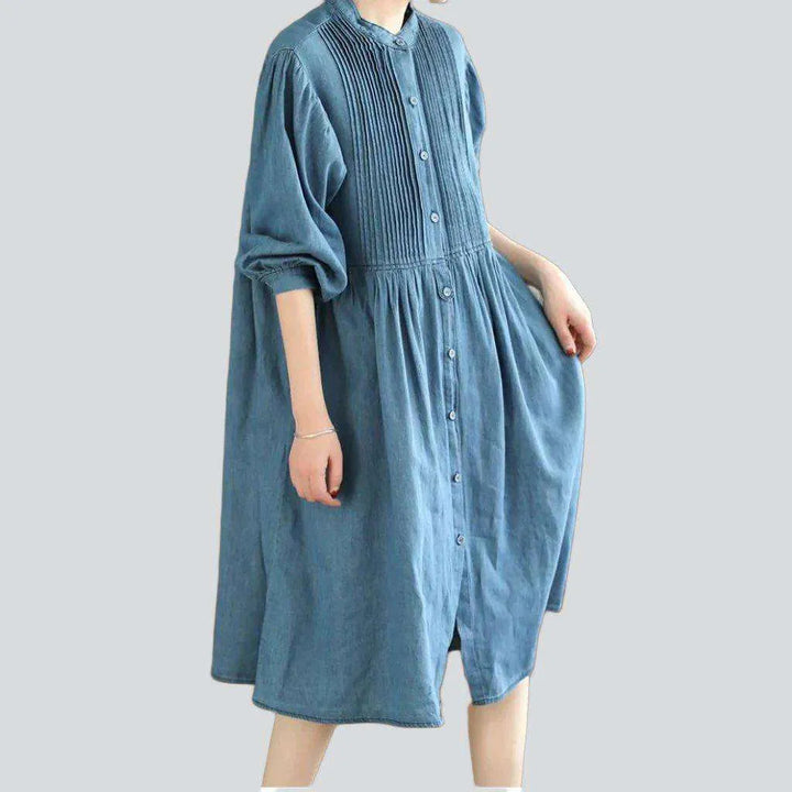 Pleated chest midi denim dress