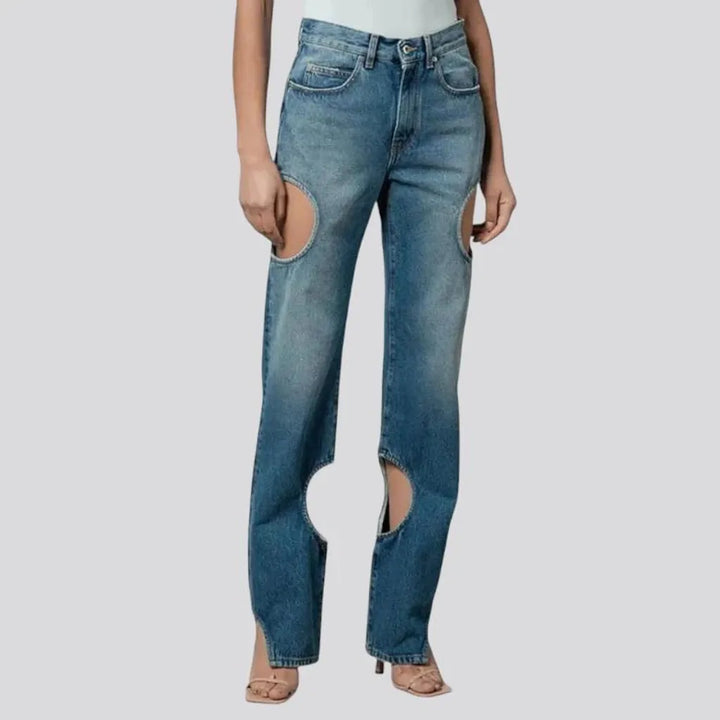 High-waist boho straight-cut jeans for ladies